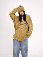 THELIGHT OFFICIAL Applique Star V-neck Striped Women's Polyester Long Sleeve T-shirts