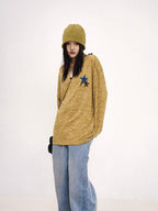 THELIGHT OFFICIAL Applique Star V-neck Striped Women's Polyester Long Sleeve T-shirts