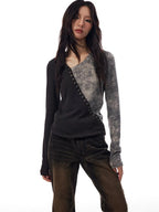 THELIGHT OFFICIAL Asymmetrical V-neck Colorblock Women's Slim Fit Long Sleeve T-shirts