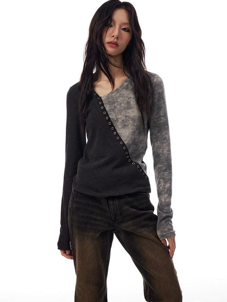THELIGHT OFFICIAL Asymmetrical V-neck Colorblock Women's Slim Fit Long Sleeve T-shirts