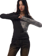 THELIGHT OFFICIAL Asymmetrical V-neck Colorblock Women's Slim Fit Long Sleeve T-shirts