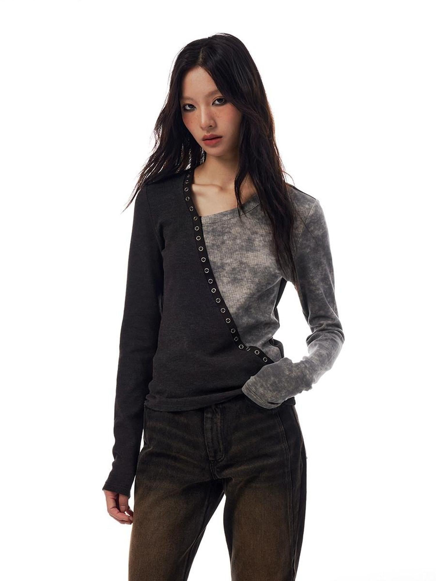 THELIGHT OFFICIAL Asymmetrical V-neck Colorblock Women's Slim Fit Long Sleeve T-shirts