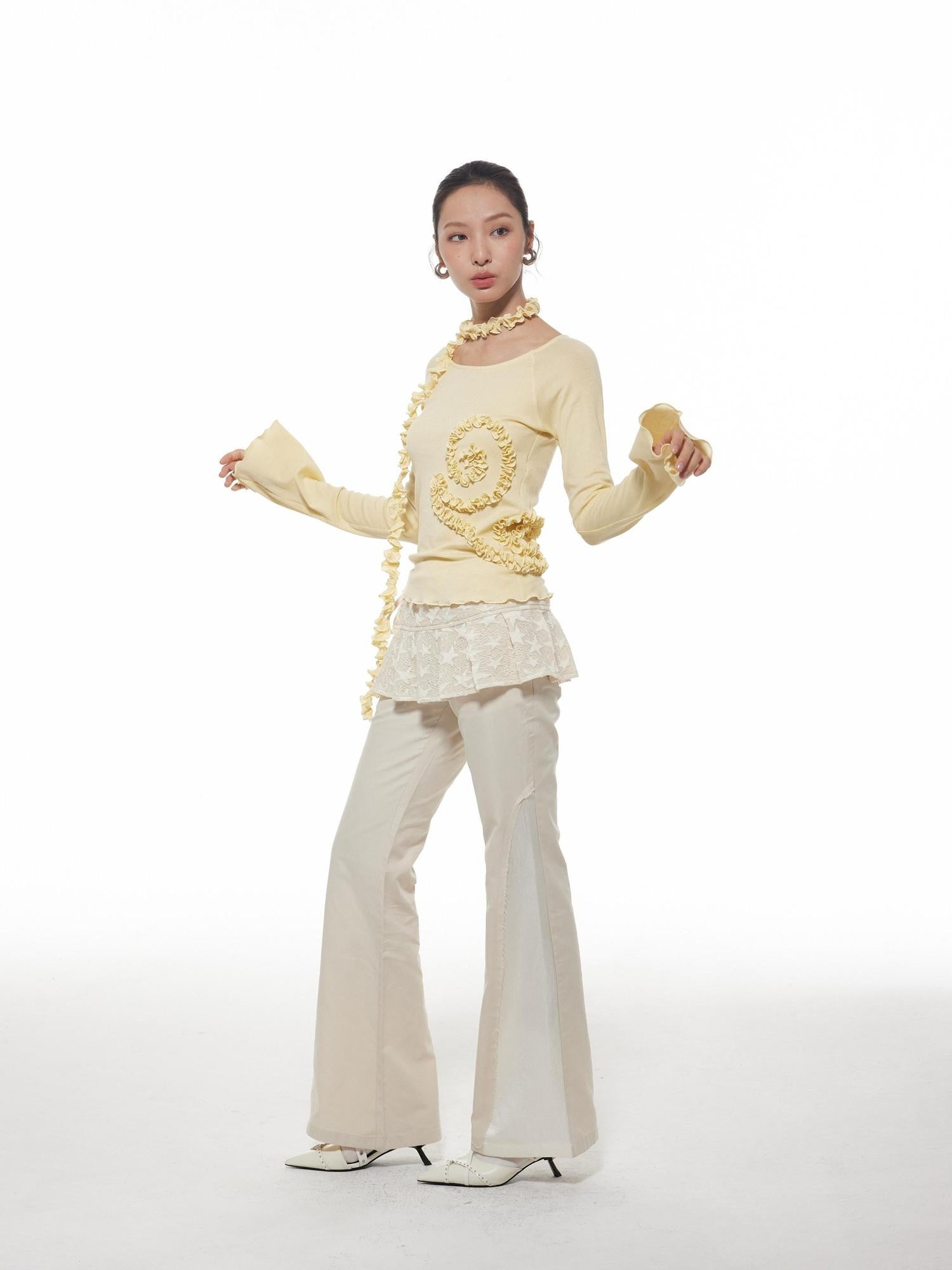 THELIGHT OFFICIAL Beige Pleated Layered Tie Apron Women's Polyester Blend Clothing Accessories