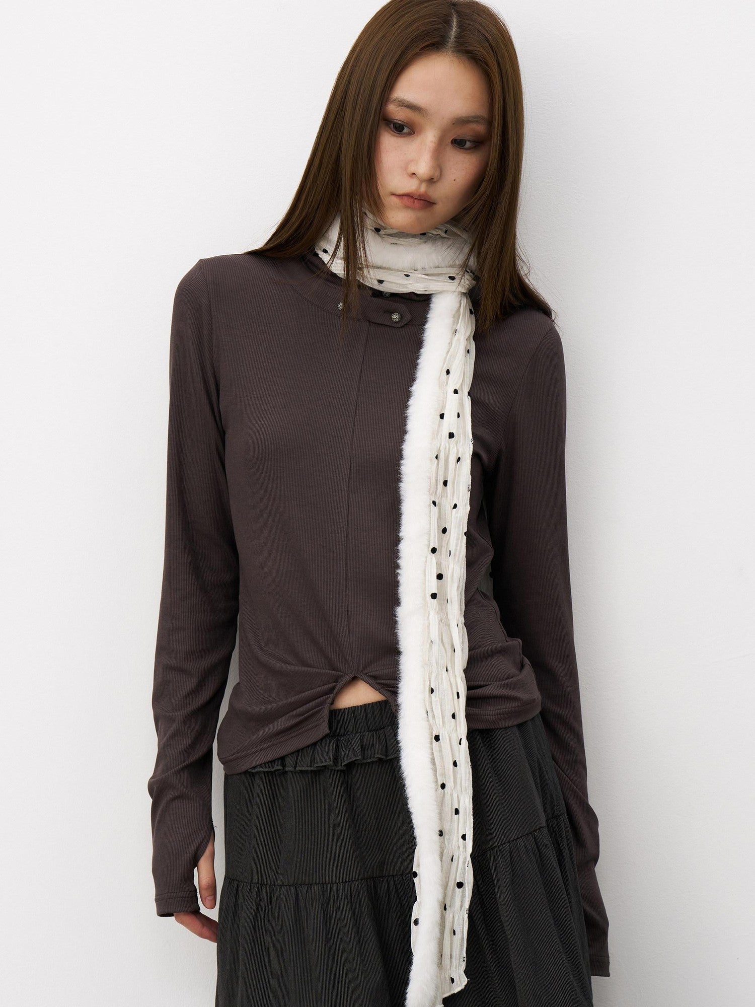 THELIGHT OFFICIAL Black And White Polka Dot Plush Patchwork Women's Cotton Blend Scarves & Shawls