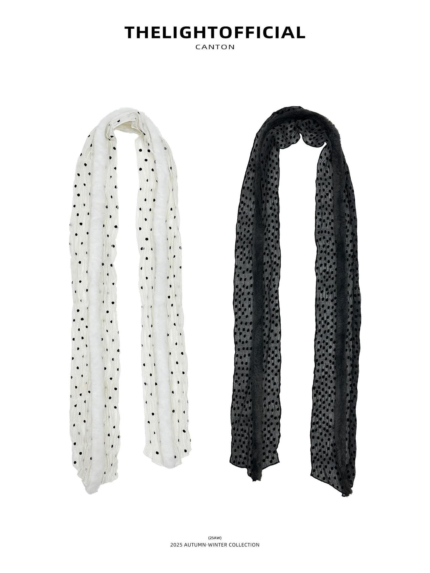 THELIGHT OFFICIAL Black And White Polka Dot Plush Patchwork Women's Cotton Blend Scarves & Shawls