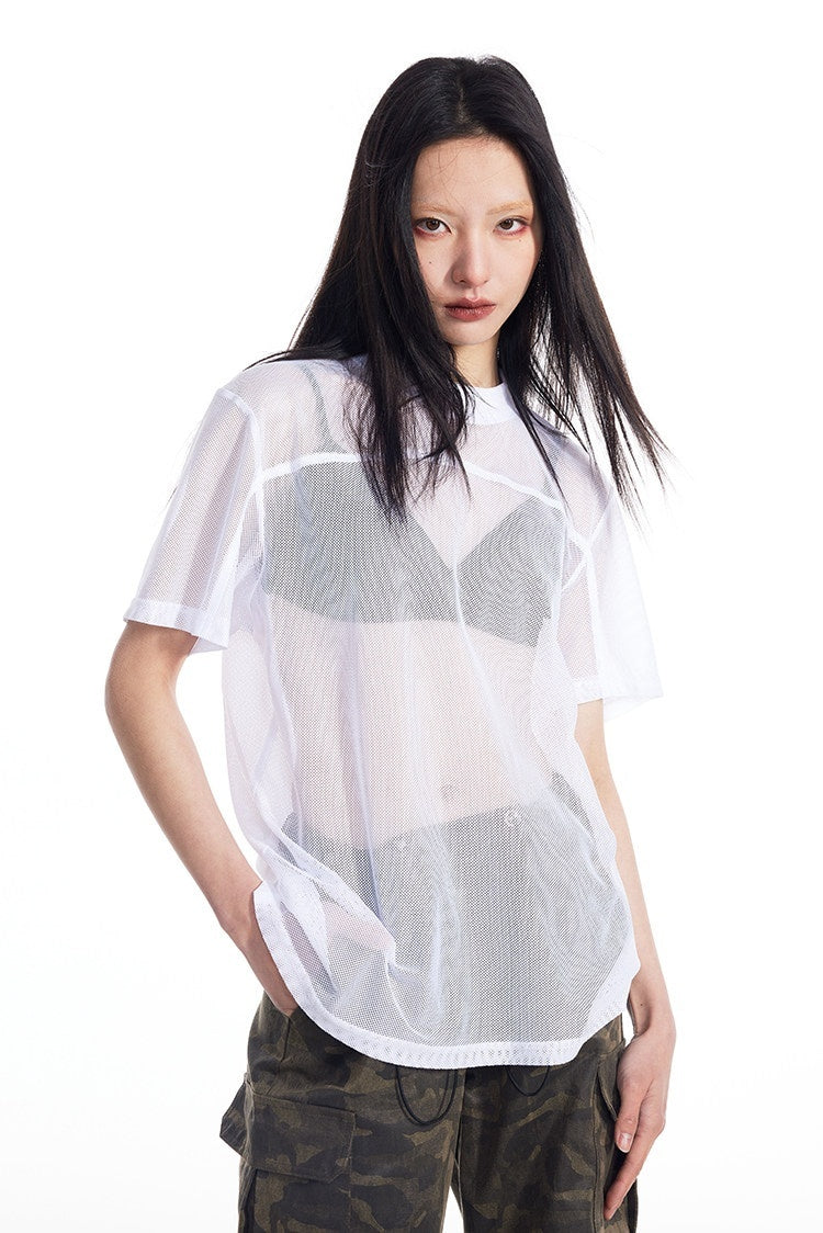 THELIGHT OFFICIAL Black And White Solid Cutout Mesh Women's Polyester Long Sleeve T-shirts 775740557178
