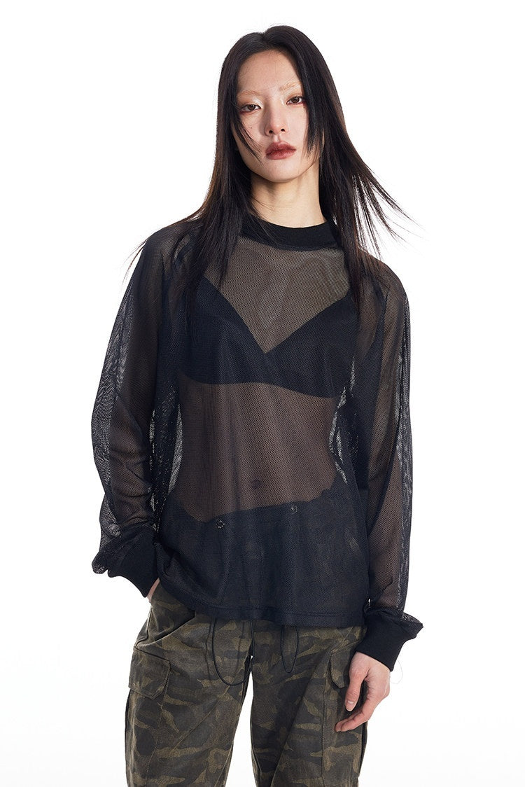 THELIGHT OFFICIAL Black And White Solid Cutout Mesh Women's Polyester Long Sleeve T-shirts 775740557178