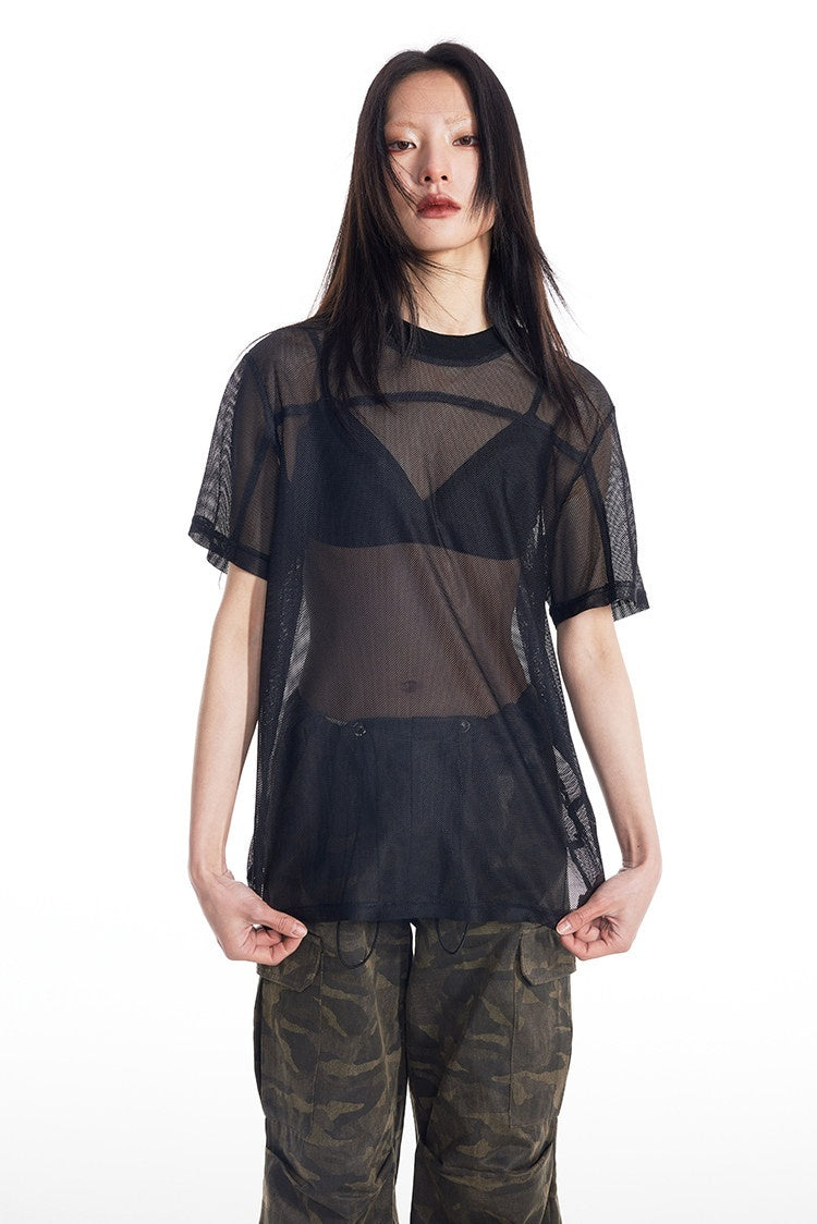 THELIGHT OFFICIAL Black And White Solid Cutout Mesh Women's Polyester Long Sleeve T-shirts 775740557178