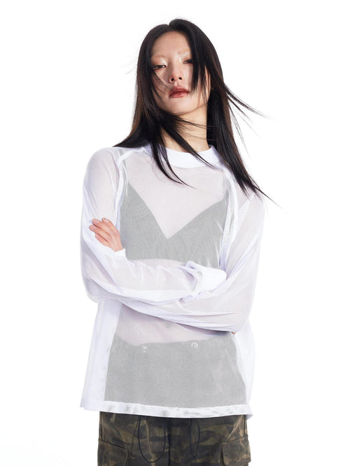 THELIGHT OFFICIAL Black And White Solid Cutout Mesh Women's Polyester Long Sleeve T-shirts