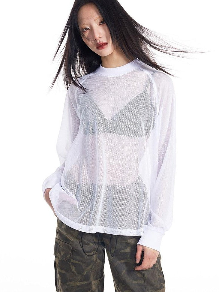 THELIGHT OFFICIAL Black And White Solid Cutout Mesh Women's Polyester Long Sleeve T-shirts