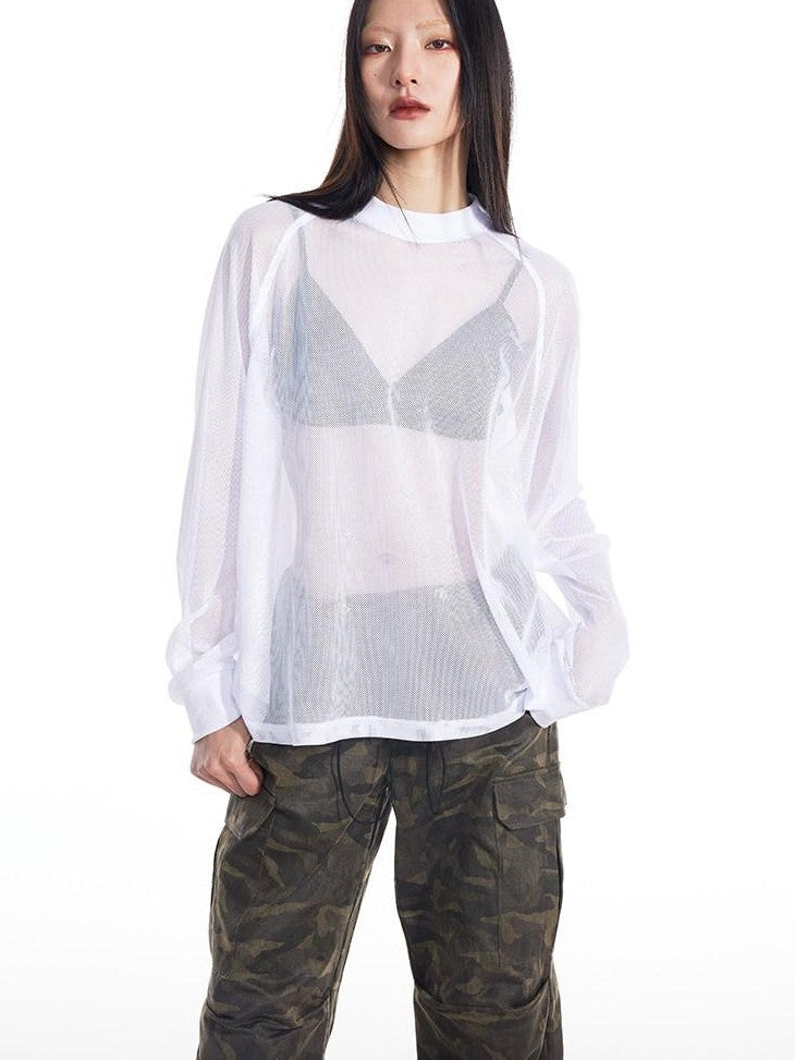 THELIGHT OFFICIAL Black And White Solid Cutout Mesh Women's Polyester Long Sleeve T-shirts