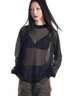 THELIGHT OFFICIAL Black And White Solid Cutout Mesh Women's Polyester Long Sleeve T-shirts