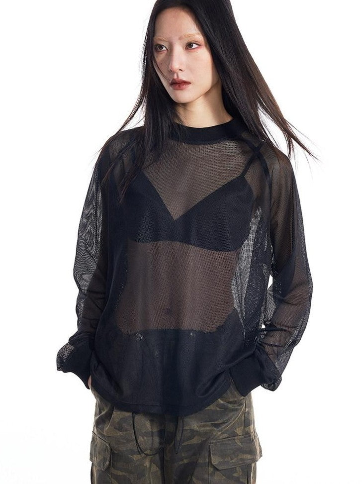 THELIGHT OFFICIAL Black And White Solid Cutout Mesh Women's Polyester Long Sleeve T-shirts