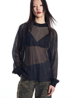 THELIGHT OFFICIAL Black And White Solid Cutout Mesh Women's Polyester Long Sleeve T-shirts