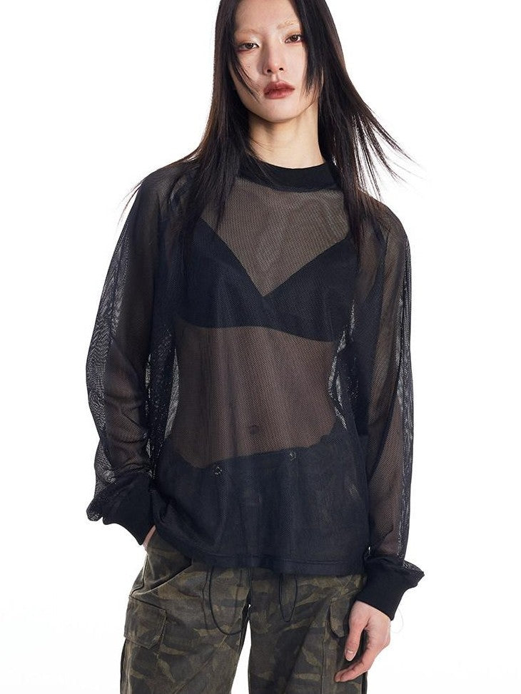 THELIGHT OFFICIAL Black And White Solid Cutout Mesh Women's Polyester Long Sleeve T-shirts