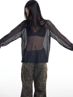 THELIGHT OFFICIAL Black And White Solid Cutout Mesh Women's Polyester Long Sleeve T-shirts