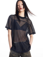 THELIGHT OFFICIAL Black And White Solid Cutout Mesh Women's Polyester Long Sleeve T-shirts