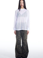 THELIGHT OFFICIAL Black And White Solid Cutout Mesh Women's Polyester Long Sleeve T-shirts