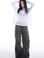 THELIGHT OFFICIAL Black And White Solid Cutout Mesh Women's Polyester Long Sleeve T-shirts