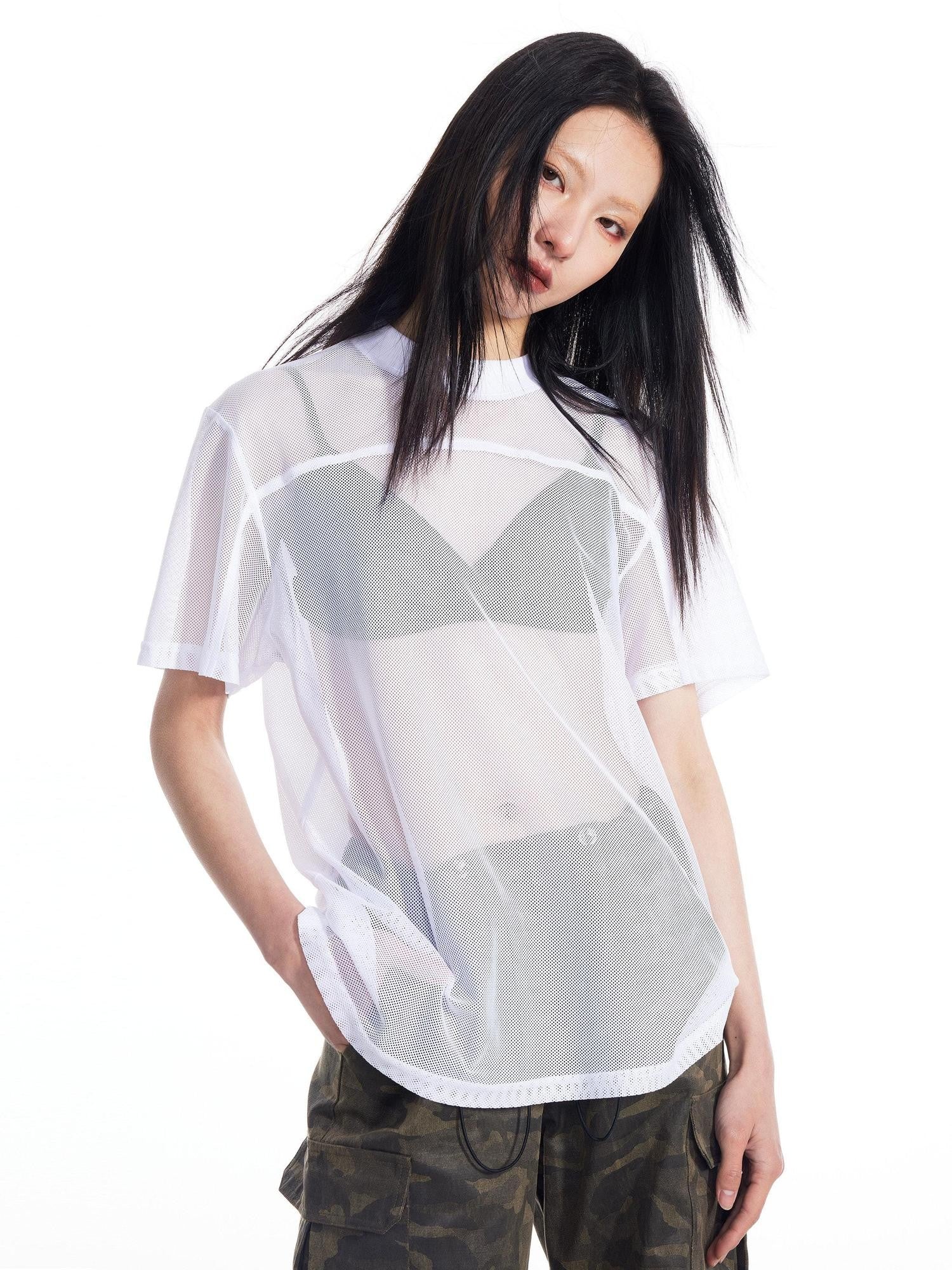 THELIGHT OFFICIAL Black And White Solid Cutout Mesh Women's Polyester Long Sleeve T-shirts
