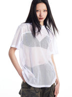 THELIGHT OFFICIAL Black And White Solid Cutout Mesh Women's Polyester Long Sleeve T-shirts