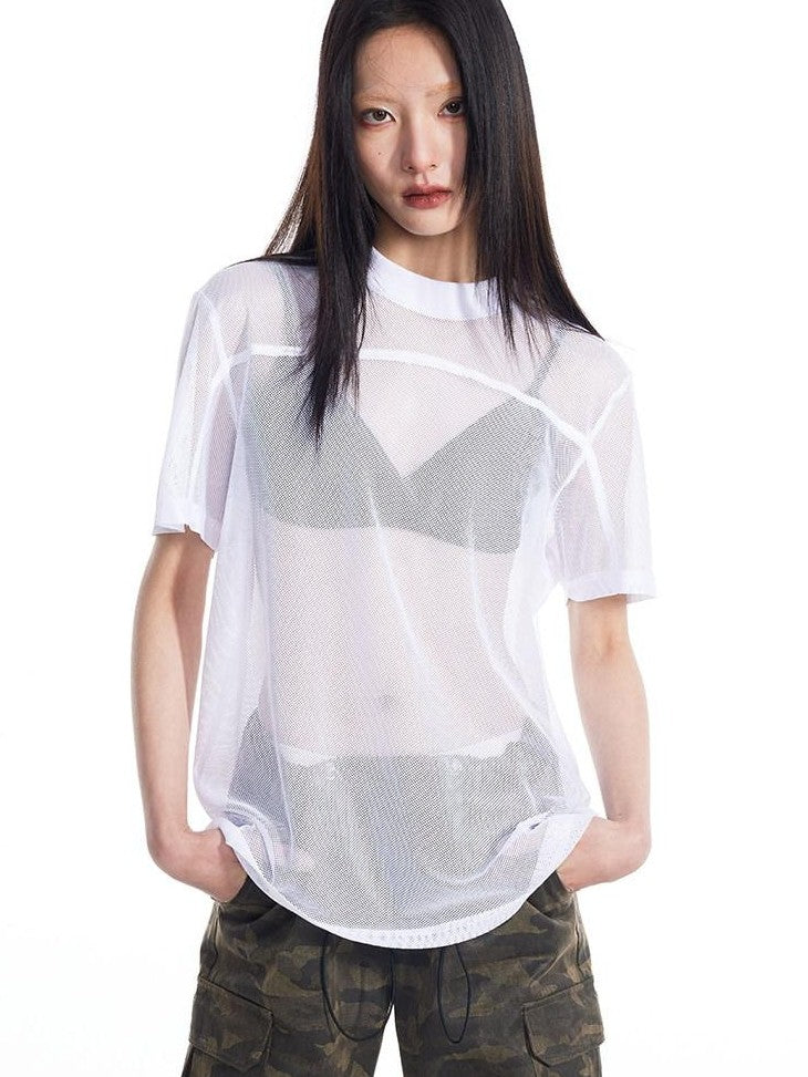 THELIGHT OFFICIAL Black And White Solid Cutout Mesh Women's Polyester Long Sleeve T-shirts