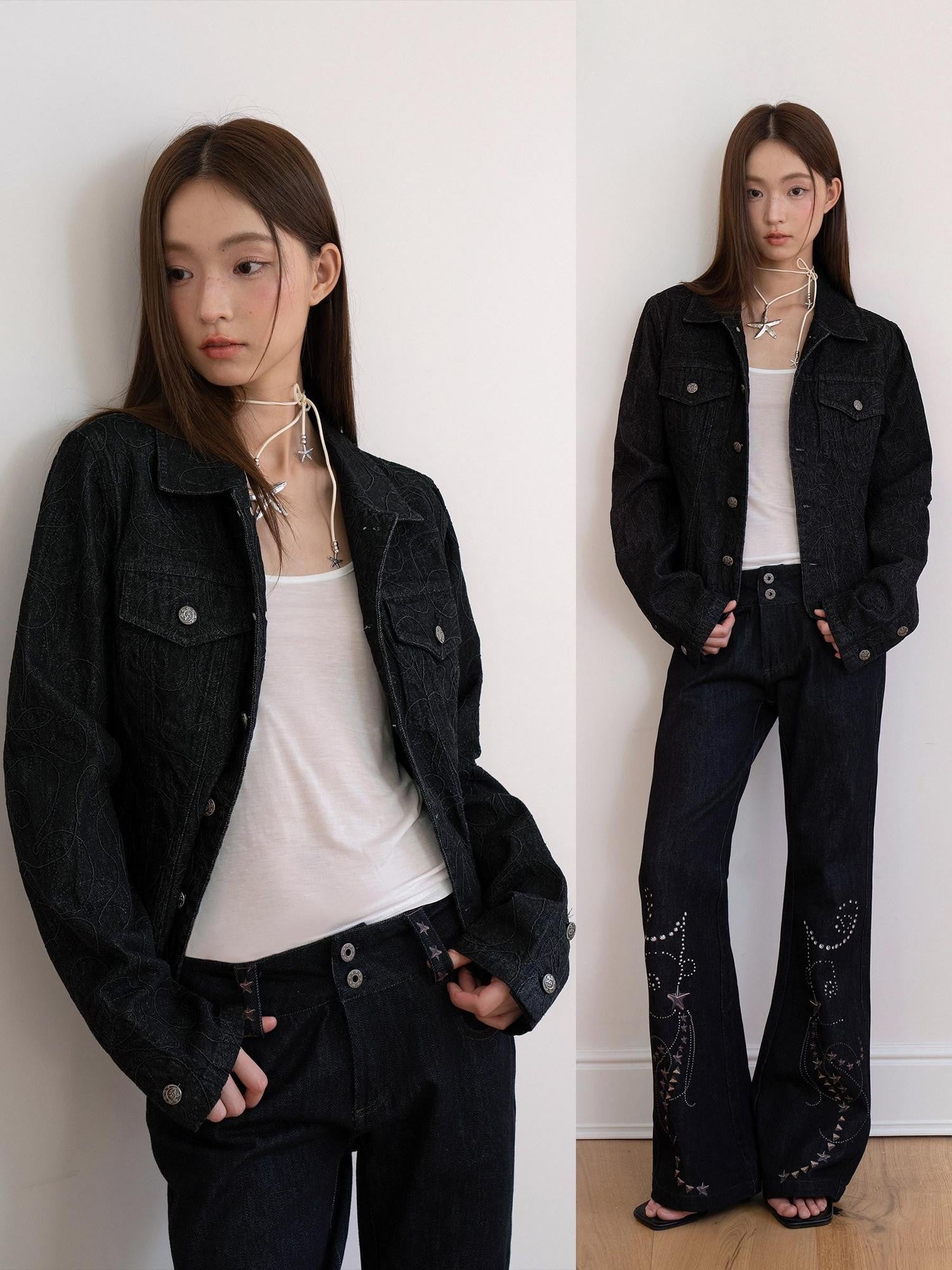 THELIGHT OFFICIAL Black Curved Texture Geometric Cropped Boxy Fit Women's Cotton Denim Jackets