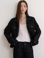 THELIGHT OFFICIAL Black Curved Texture Geometric Cropped Boxy Fit Women's Cotton Denim Jackets