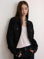 THELIGHT OFFICIAL Black Curved Texture Geometric Cropped Boxy Fit Women's Cotton Denim Jackets