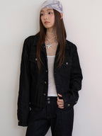 THELIGHT OFFICIAL Black Curved Texture Geometric Cropped Boxy Fit Women's Cotton Denim Jackets