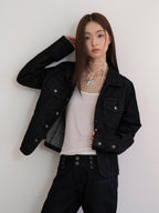 THELIGHT OFFICIAL Black Curved Texture Geometric Cropped Boxy Fit Women's Cotton Denim Jackets