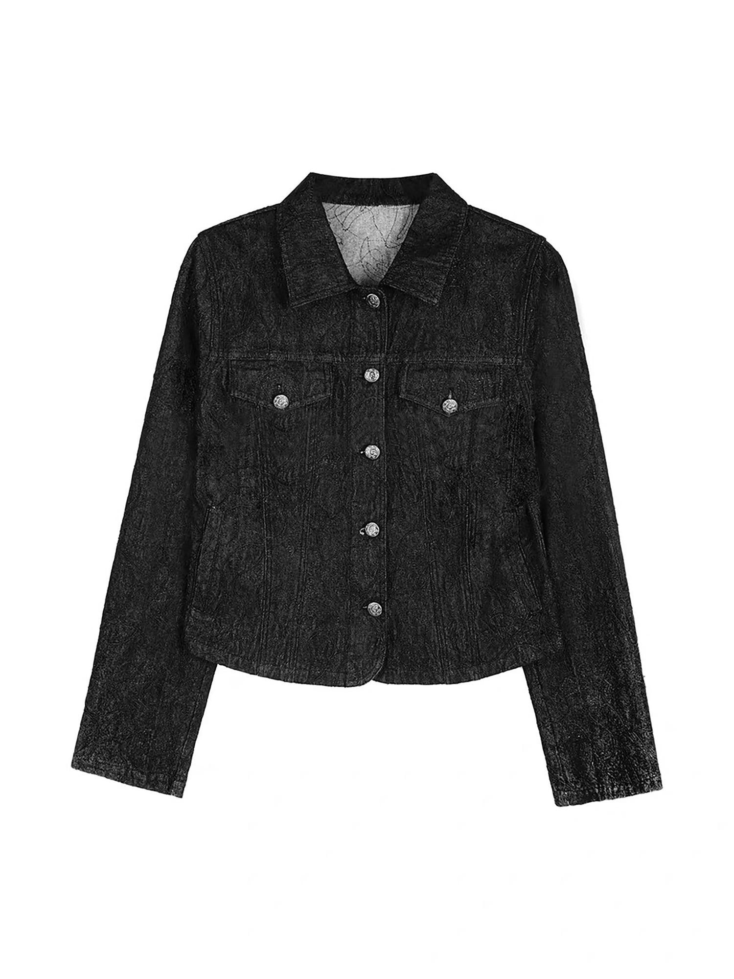 THELIGHT OFFICIAL Black Curved Texture Geometric Cropped Boxy Fit Women's Cotton Denim Jackets
