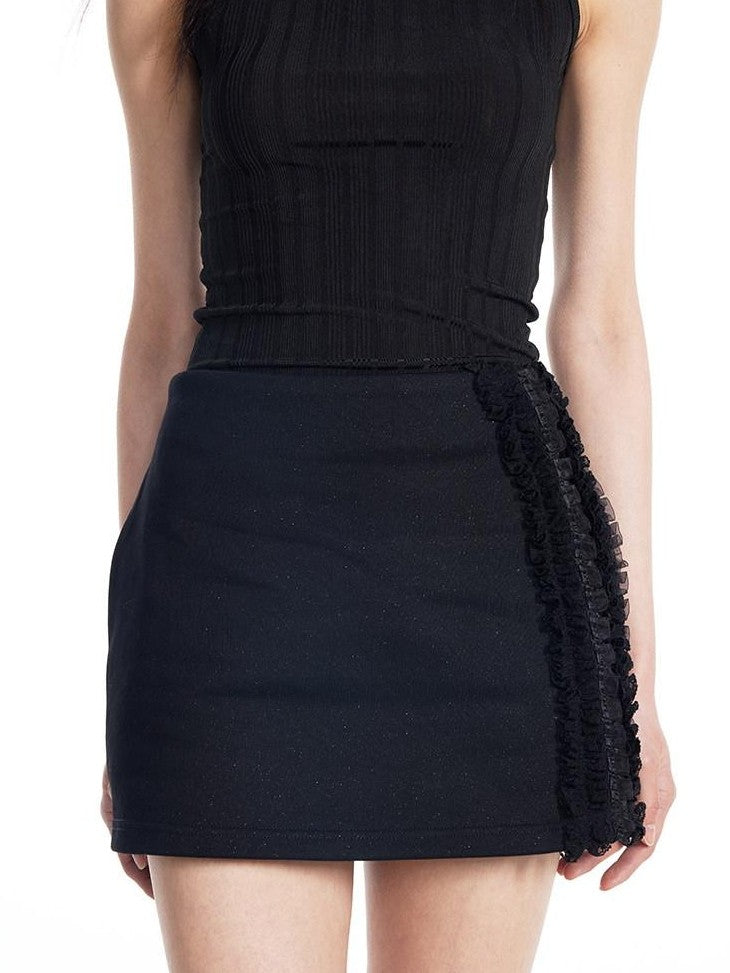 THELIGHT OFFICIAL Black Lace Trim Mid Waist Bodycon Women's Combed Cotton Mini Skirts