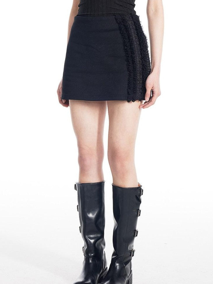 THELIGHT OFFICIAL Black Lace Trim Mid Waist Bodycon Women's Combed Cotton Mini Skirts