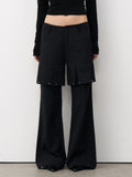 THELIGHT OFFICIAL Black Mock Layered Beaded Pleat Metal Trim Women's Cotton Linen Flare Pants 999156794466