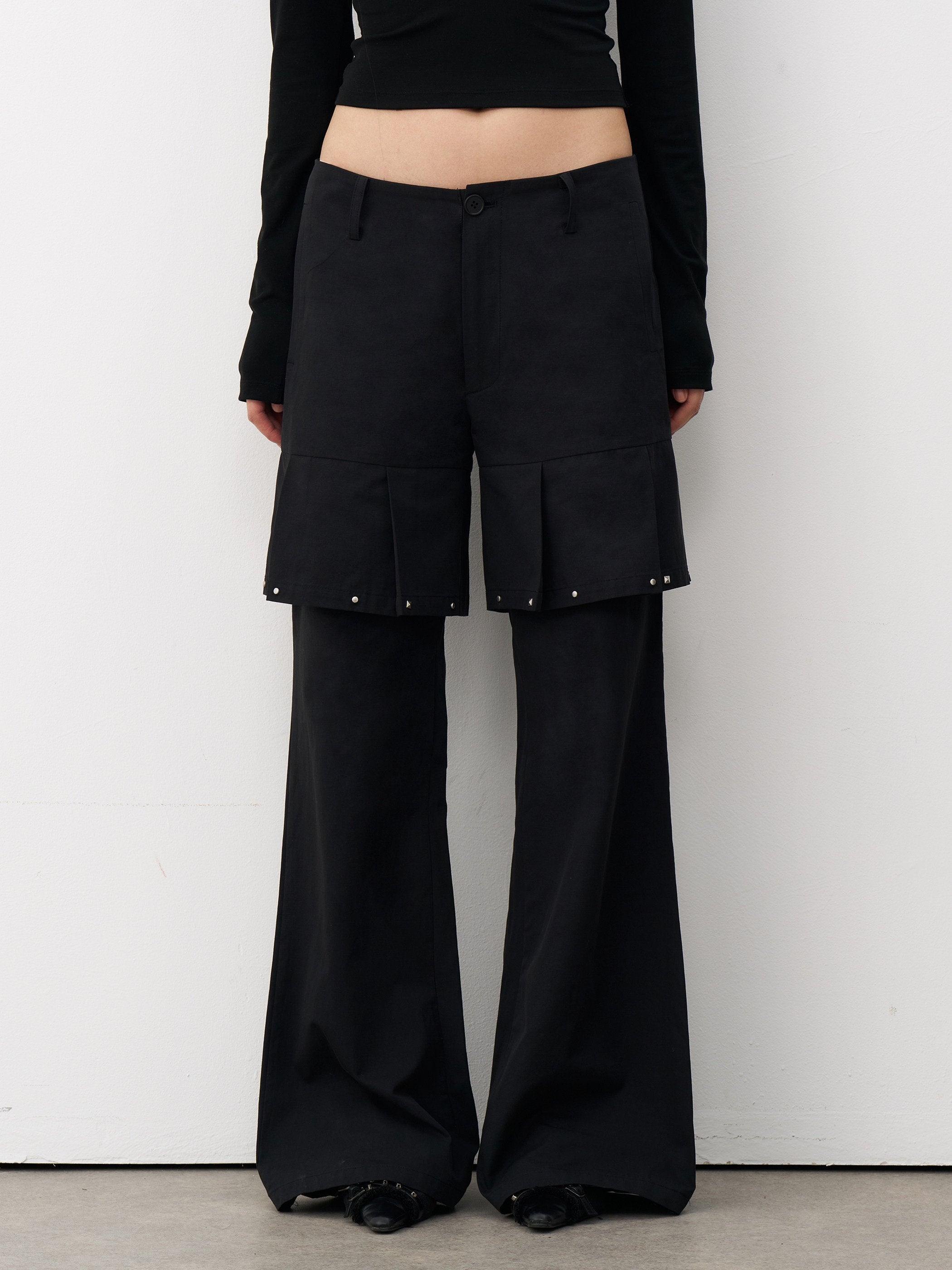 THELIGHT OFFICIAL Black Mock Layered Beaded Pleat Metal Trim Women's Cotton Linen Flare Pants 999156794466