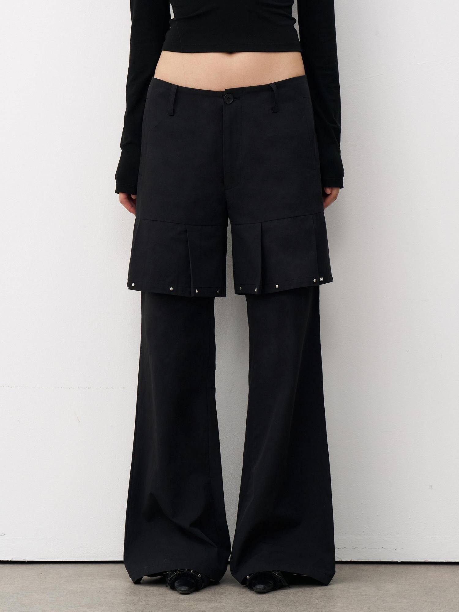 THELIGHT OFFICIAL Black Mock Layered Beaded Pleat Metal Trim Women's Cotton Linen Flare Pants