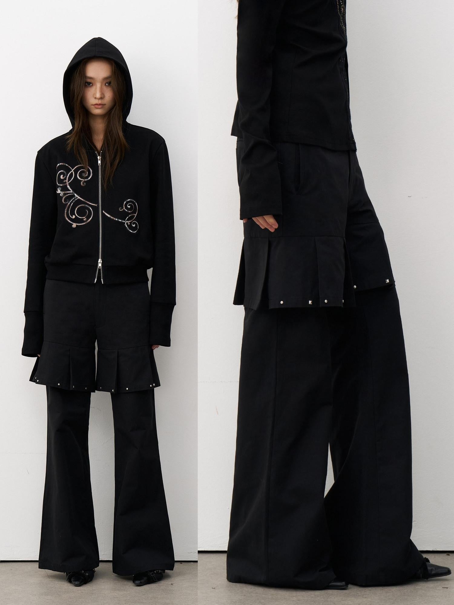 THELIGHT OFFICIAL Black Mock Layered Beaded Pleat Metal Trim Women's Cotton Linen Flare Pants
