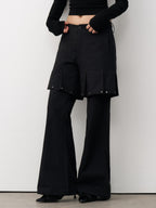 THELIGHT OFFICIAL Black Mock Layered Beaded Pleat Metal Trim Women's Cotton Linen Flare Pants