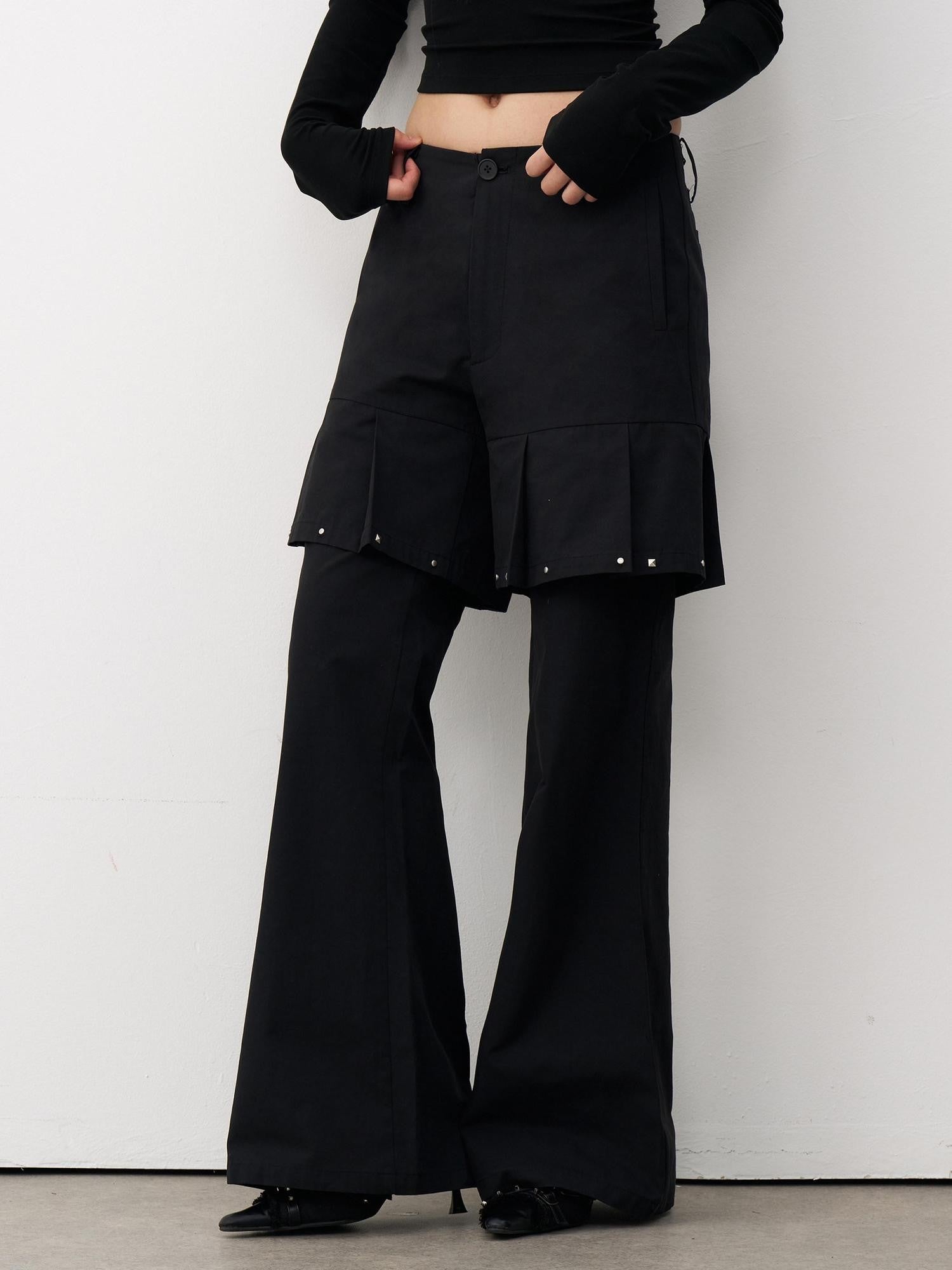 THELIGHT OFFICIAL Black Mock Layered Beaded Pleat Metal Trim Women's Cotton Linen Flare Pants