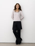 THELIGHT OFFICIAL Black Mock Layered Beaded Pleat Metal Trim Women's Cotton Linen Flare Pants