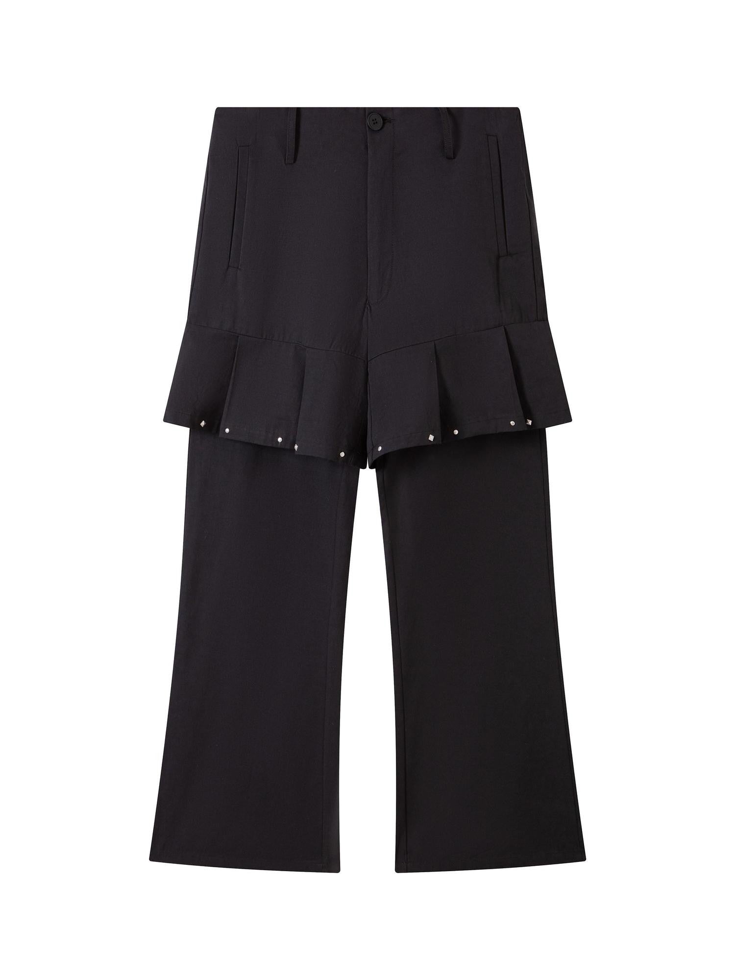THELIGHT OFFICIAL Black Mock Layered Beaded Pleat Metal Trim Women's Cotton Linen Flare Pants