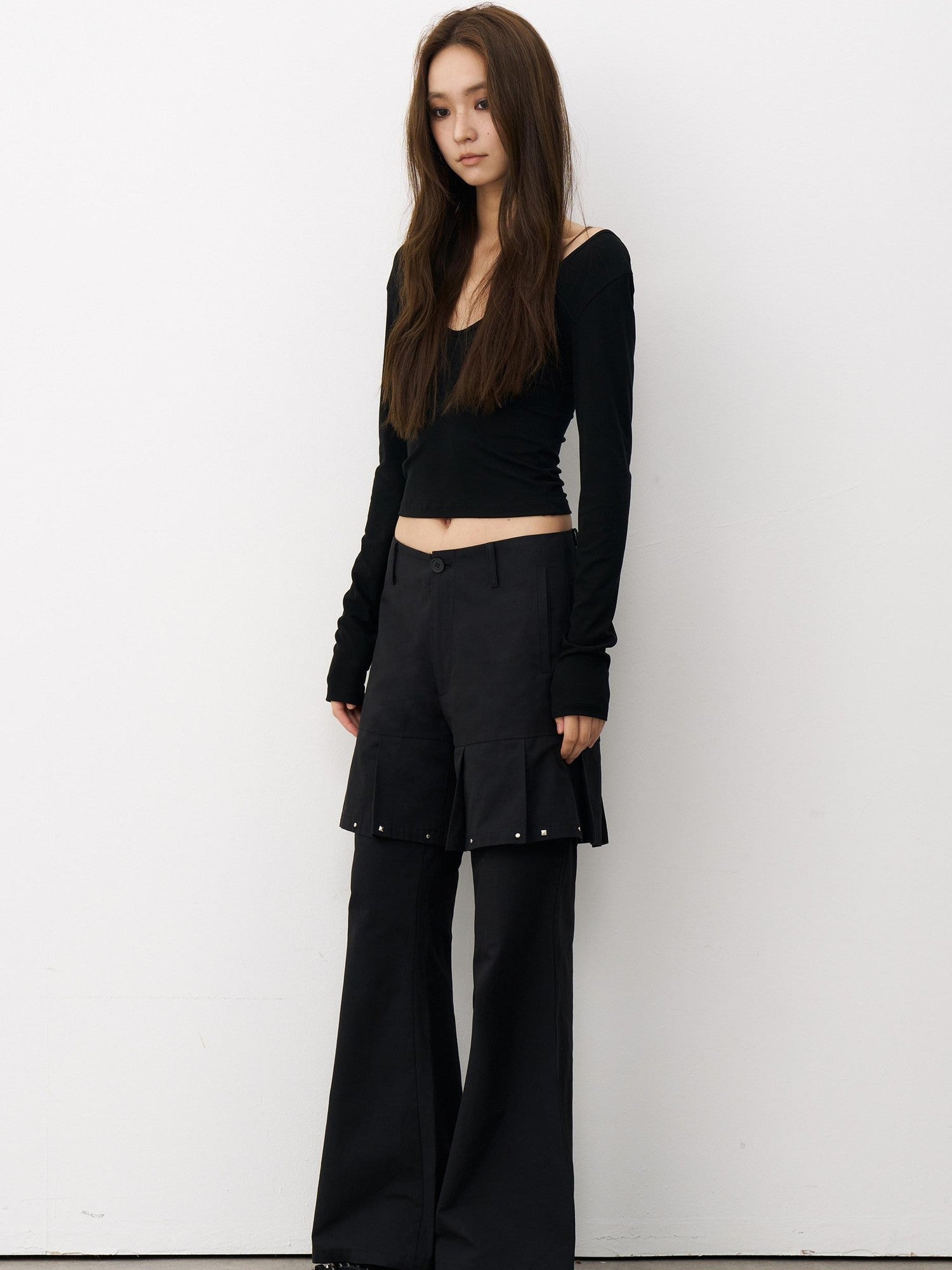 THELIGHT OFFICIAL Black Mock Layered Beaded Pleat Metal Trim Women's Cotton Linen Flare Pants