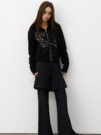 THELIGHT OFFICIAL Black Mock Layered Beaded Pleat Metal Trim Women's Cotton Linen Flare Pants
