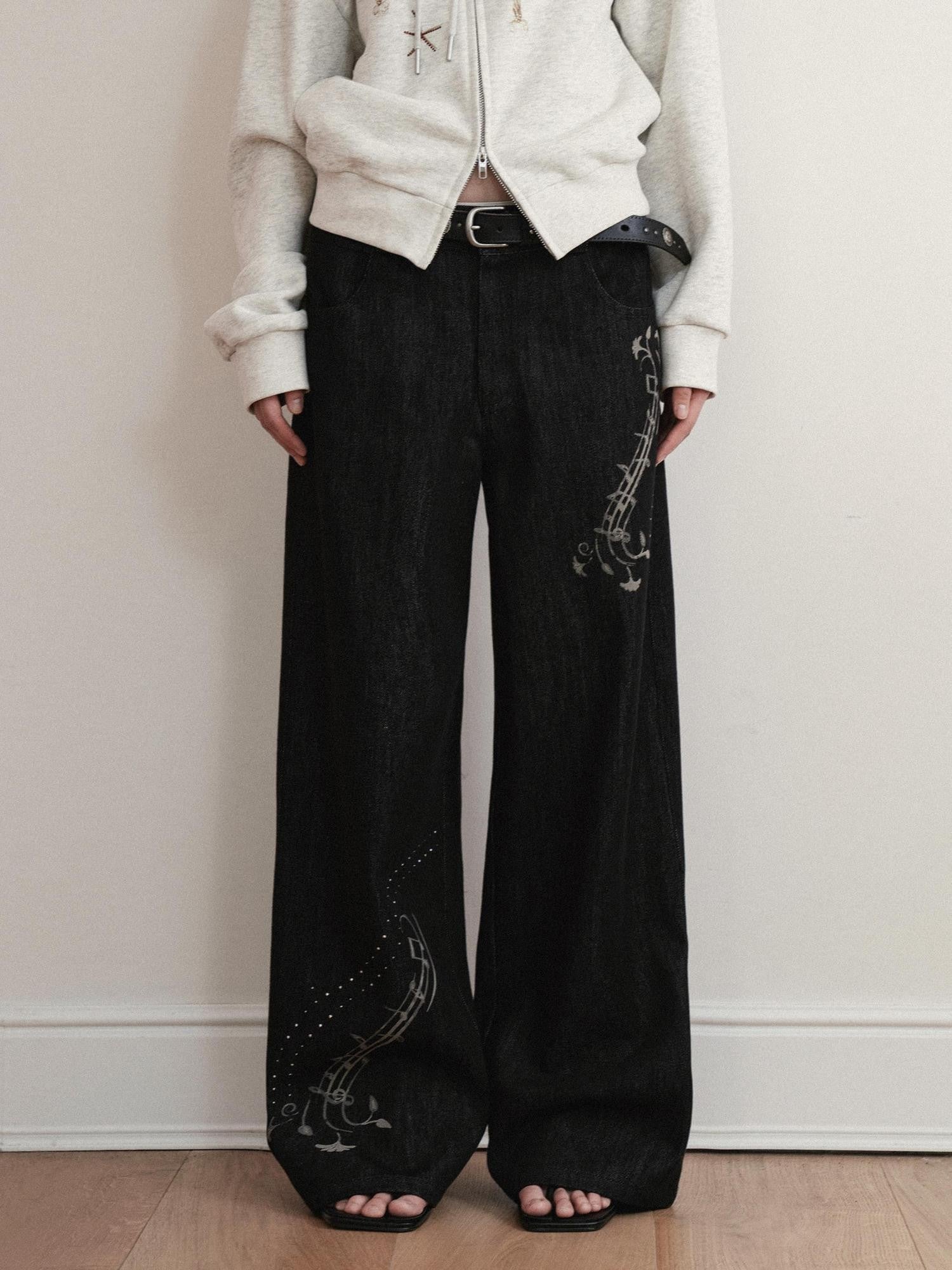 THELIGHT OFFICIAL Black Musical Note Print Relaxed Women's Cotton Wide-leg Jeans