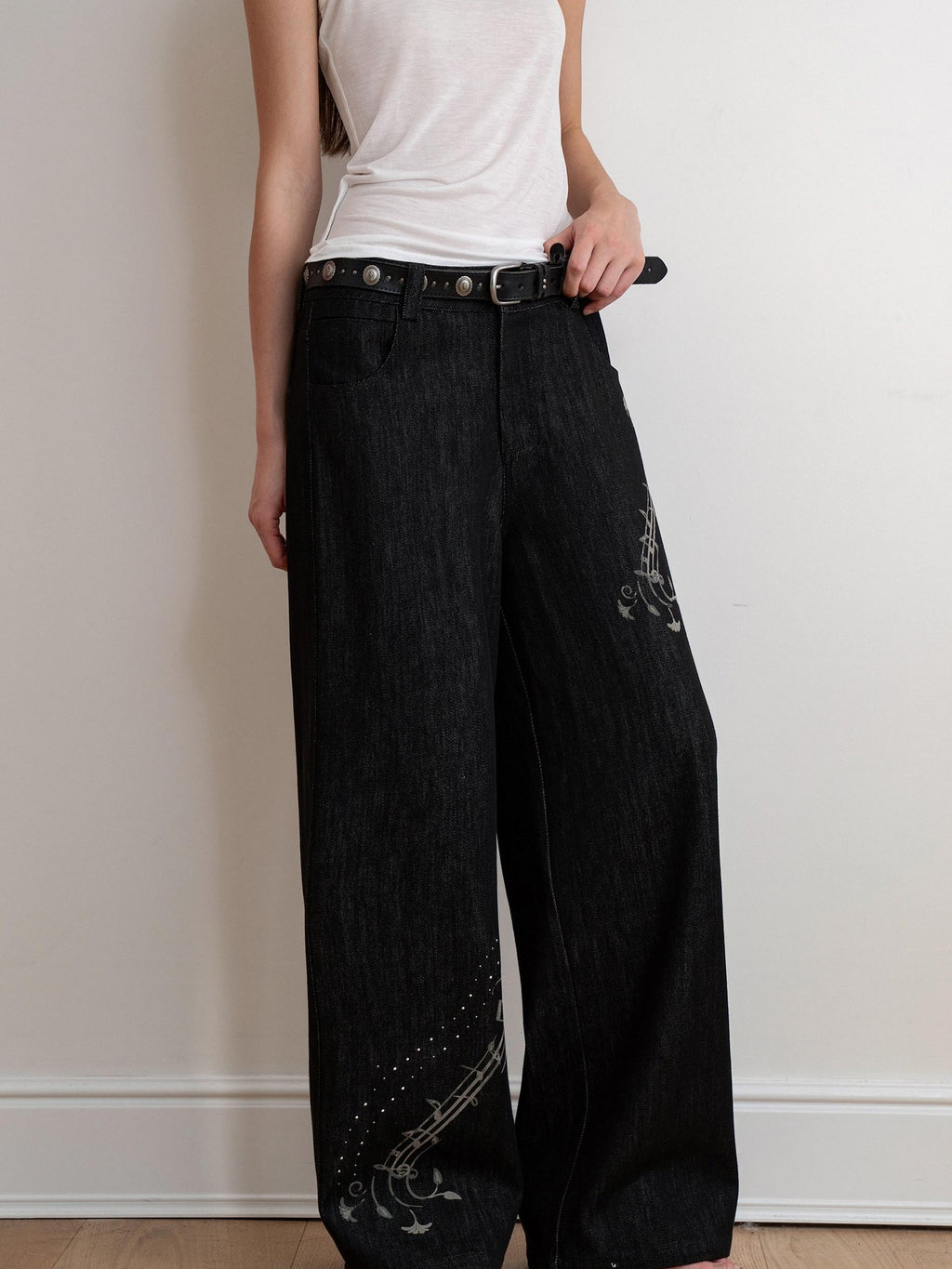 THELIGHT OFFICIAL Black Musical Note Print Relaxed Women's Cotton Wide-leg Jeans