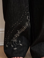 THELIGHT OFFICIAL Black Musical Note Print Relaxed Women's Cotton Wide-leg Jeans