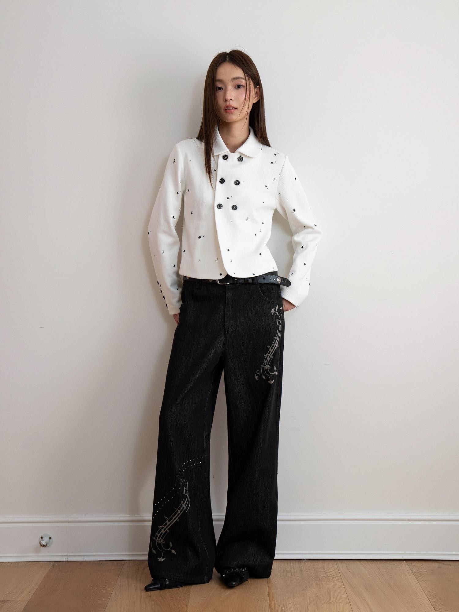 THELIGHT OFFICIAL Black Musical Note Print Relaxed Women's Cotton Wide-leg Jeans