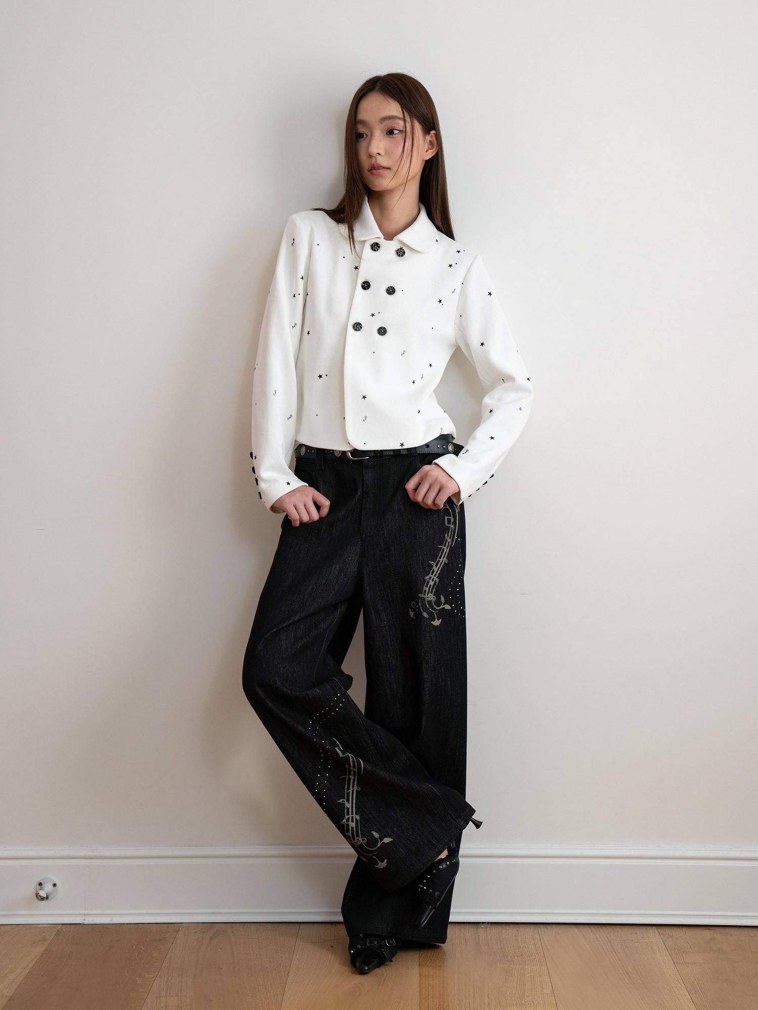 THELIGHT OFFICIAL Black Musical Note Print Relaxed Women's Cotton Wide-leg Jeans