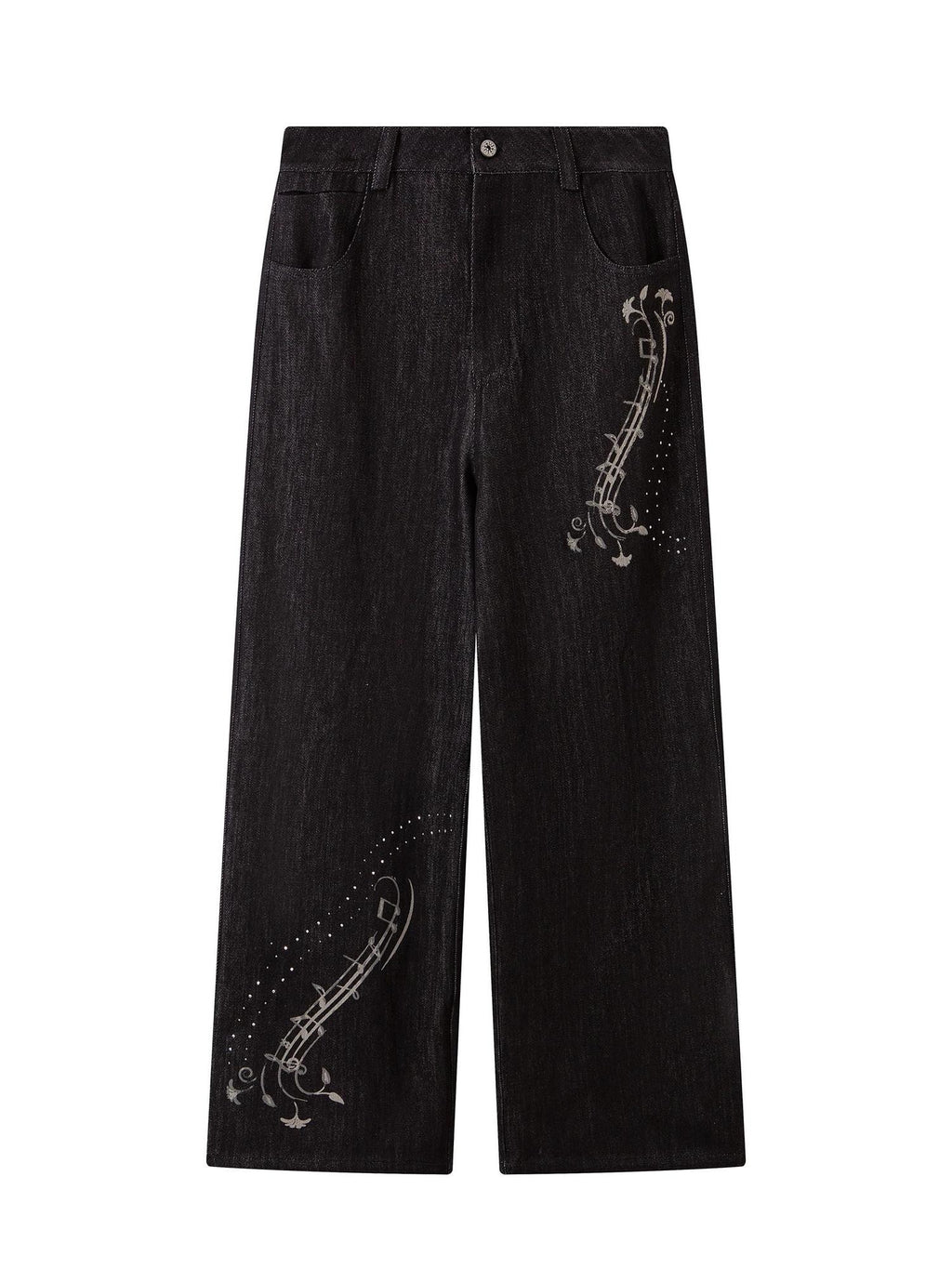 THELIGHT OFFICIAL Black Musical Note Print Relaxed Women's Cotton Wide-leg Jeans